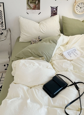 2024亲肤AB版水洗棉四件套纯色双拼简约床笠式全包床上用品床罩式