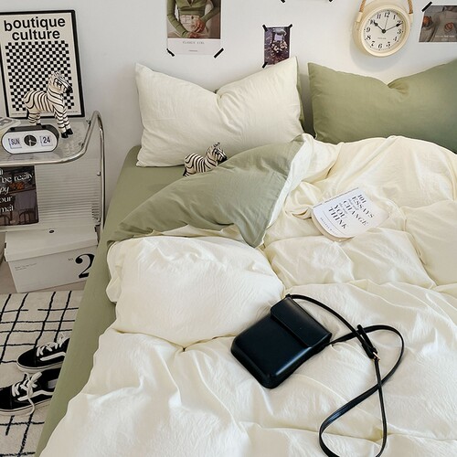 2024亲肤AB版水洗棉四件套纯色双拼简约床笠式全包床上用品床罩式