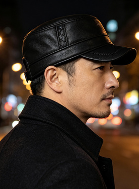 秋冬编织羊皮平顶帽男士鸭舌帽
