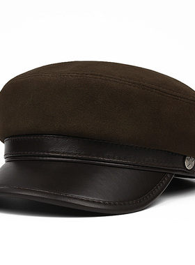 秋冬季真皮帽子男士韩版平顶海军帽羊皮反绒鸭舌青年潮英伦中老年