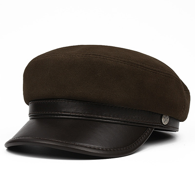 秋冬季真皮帽子男士韩版平顶海军帽羊皮反绒鸭舌青年潮英伦中老年