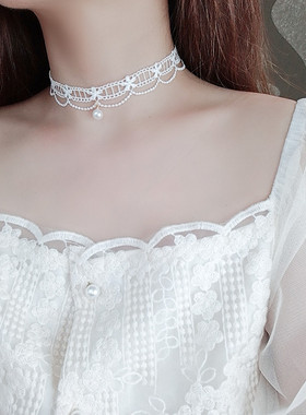 青春有你 孔雪儿同款 白色蕾丝珍珠颈链项圈短款项链choker