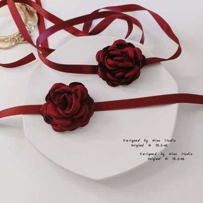 酒红玫瑰花锁骨链choker系带