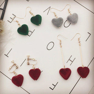 酒红爱心绒球耳饰 软妹长款可爱萌妹简约防过敏耳夹耳钩假耳环