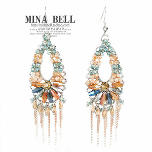 包邮 韩版手工夸张 彩色水晶流苏 水滴形大牌耳环 耳坠耳饰