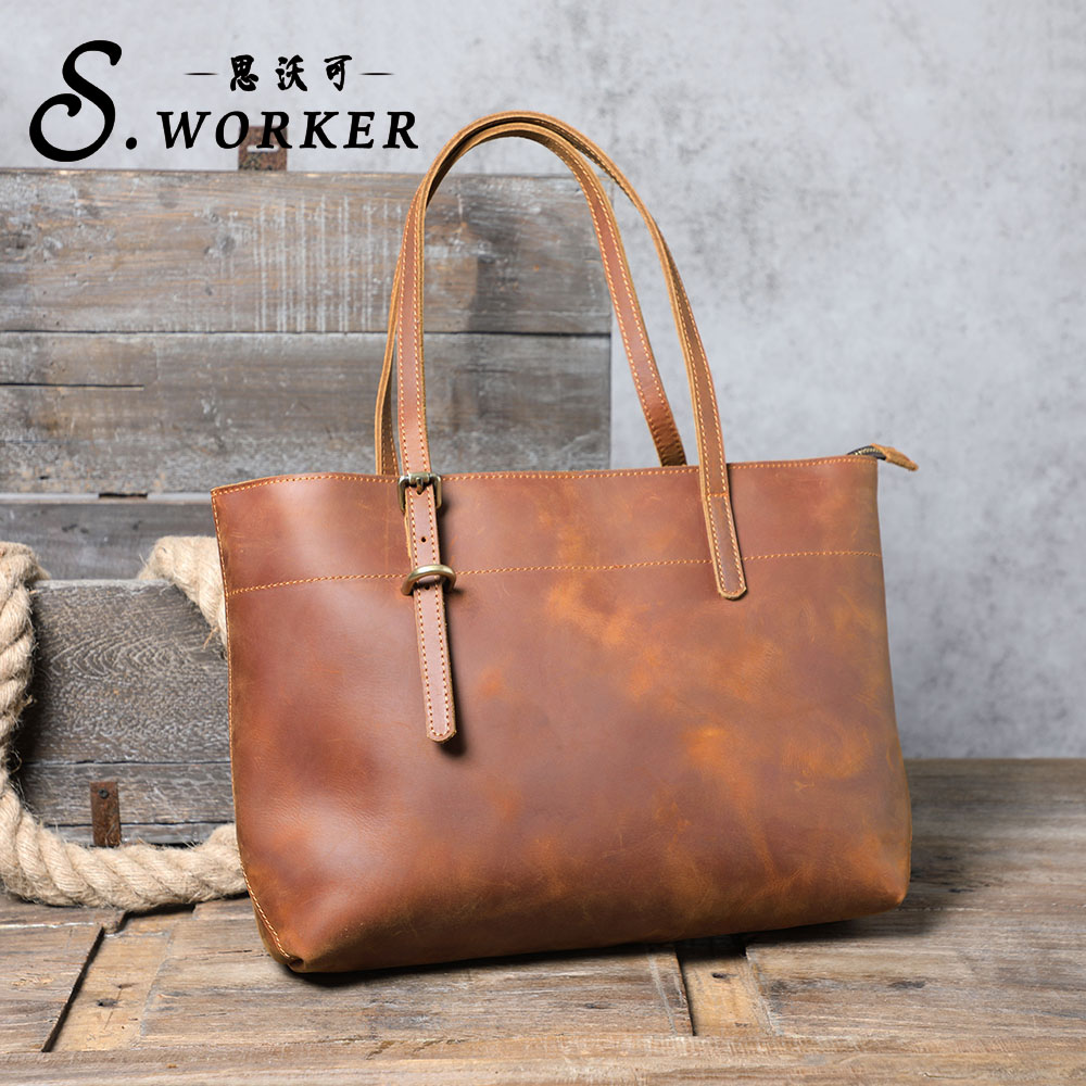 复古简约女士手工疯马皮托特包