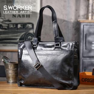 思沃可 头层牛皮公文包手提包男单肩斜挎包植鞣软牛皮商务电脑包