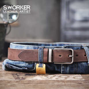 复古休闲头层牛皮男士 皮带合金扣皮带夹扣手工意大利真皮腰带简约