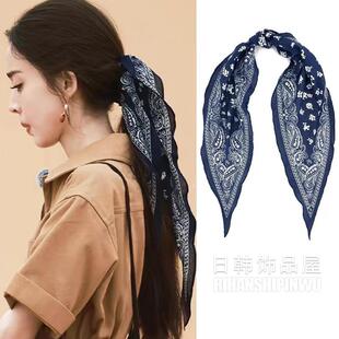 娜扎同款蓝色飘带花绑发头发丝巾发带时尚发饰女头带扎头巾高级感