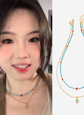 绿松石多层项链ins波西米亚民族风高级感锁骨链颈链彩色串珠夏日