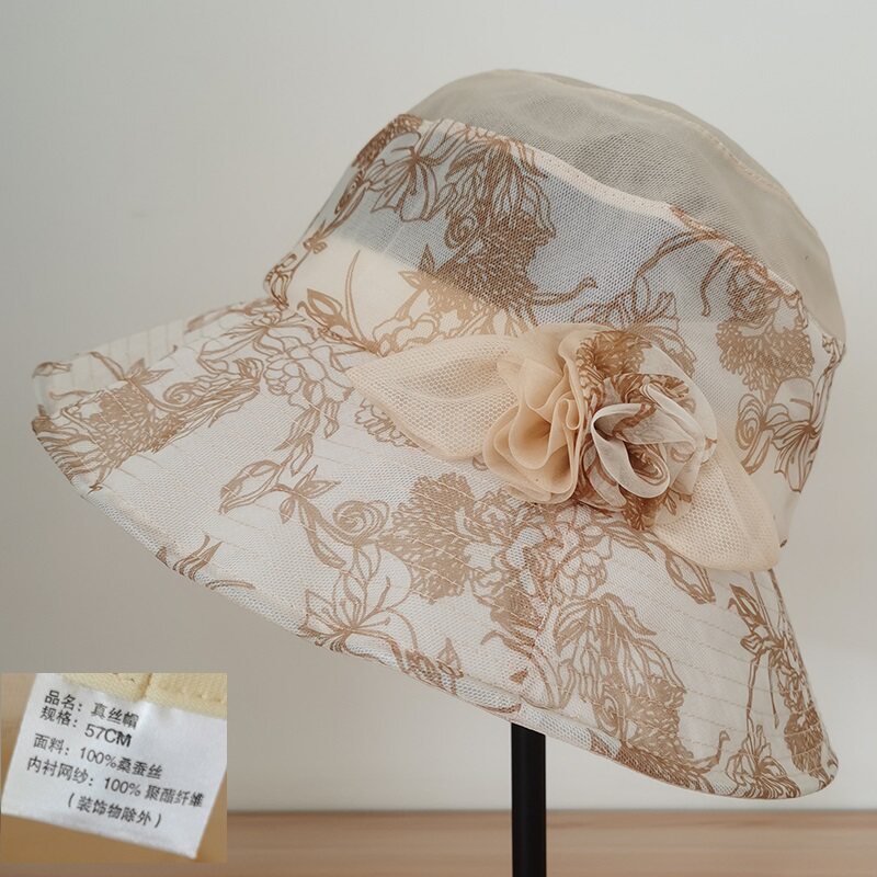 夏天防紫外线女士轻薄透气真丝帽子宽檐盆帽遮阳凹造型渔夫帽淑女