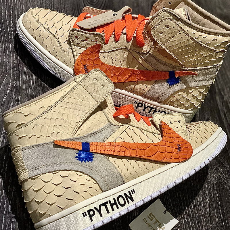 STY定制 air jordan 1 AJ1 ow联名 奶油蛇纹 高帮复古板鞋男女款