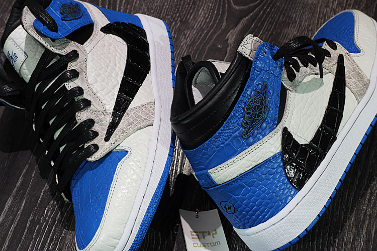 STY定制鳄鱼纹 Air Jordan 1 AJ1倒钩白蓝藤原浩闪电TS高帮篮球鞋