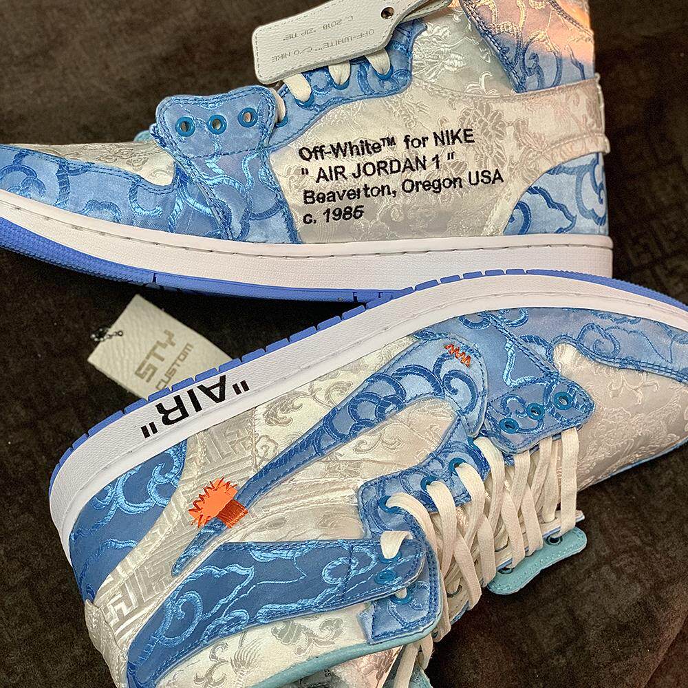 马年限定STY定制air jordan 1 AJ1 OW联名白北卡蓝丝绸新中式板鞋