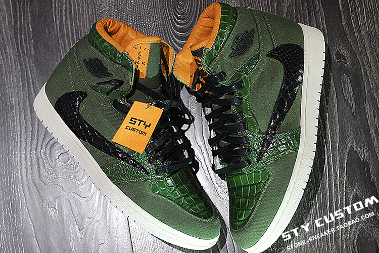 STY定制air jordan 1 AJ1 倒钩TS联名 帆布蛇纹 高帮休闲球鞋男女