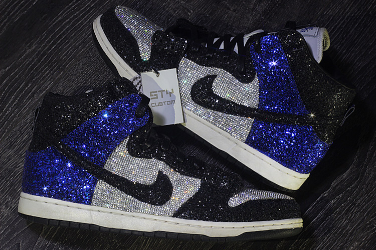 NIKE dunk high 黑蓝闪电水钻定制 璀璨亮片 高帮休闲板鞋男女款