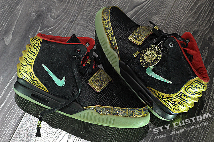 STY定制 Nike Air Yeezy 2 椰子2 秦汉龙纹 中国风丝绸 篮球鞋