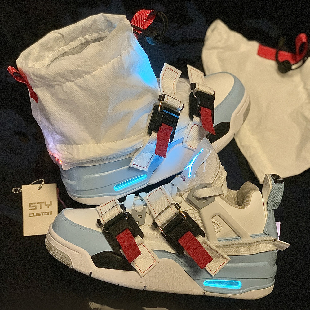 STY定制 Air Jordan 4 AJ4 白蓝 火星鞋 机能运动鞋发光鞋 面包鞋