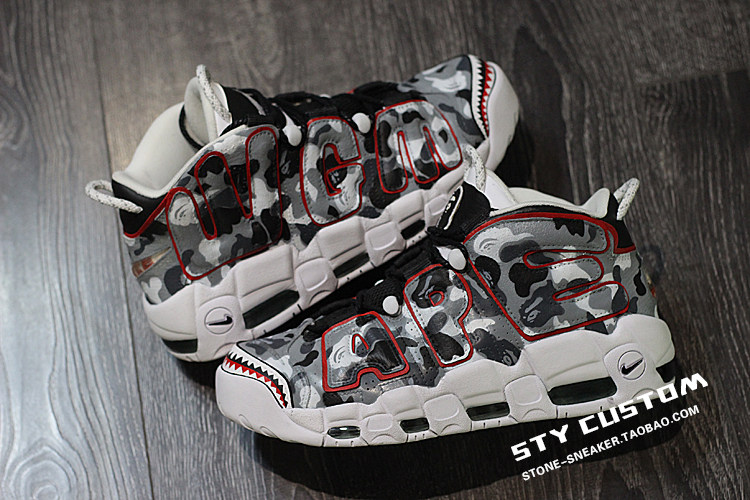 STY定制 Nike Uptempo皮蓬大Air气垫增高帮球鞋 潮流迷彩WGM鲨鱼