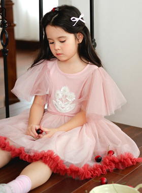 【裃琪童装】花语 春夏季女童新款洋气仙气花朵网纱短袖上衣90089