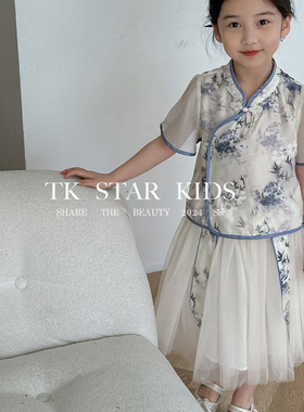 【TK童装】女童夏新款洋气宝宝中国风水墨画套装 8539蓝色
