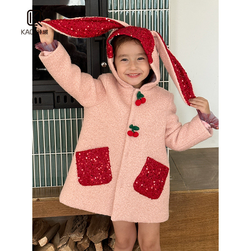女童重工亮片拼接樱桃耳朵外套