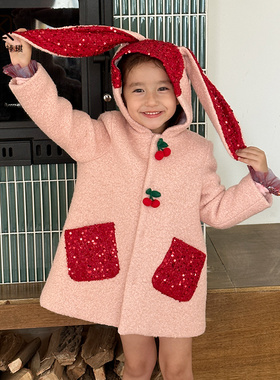 【Lpink童装】秋冬季新款洋气女童重工亮片拼接樱桃耳朵外套93091