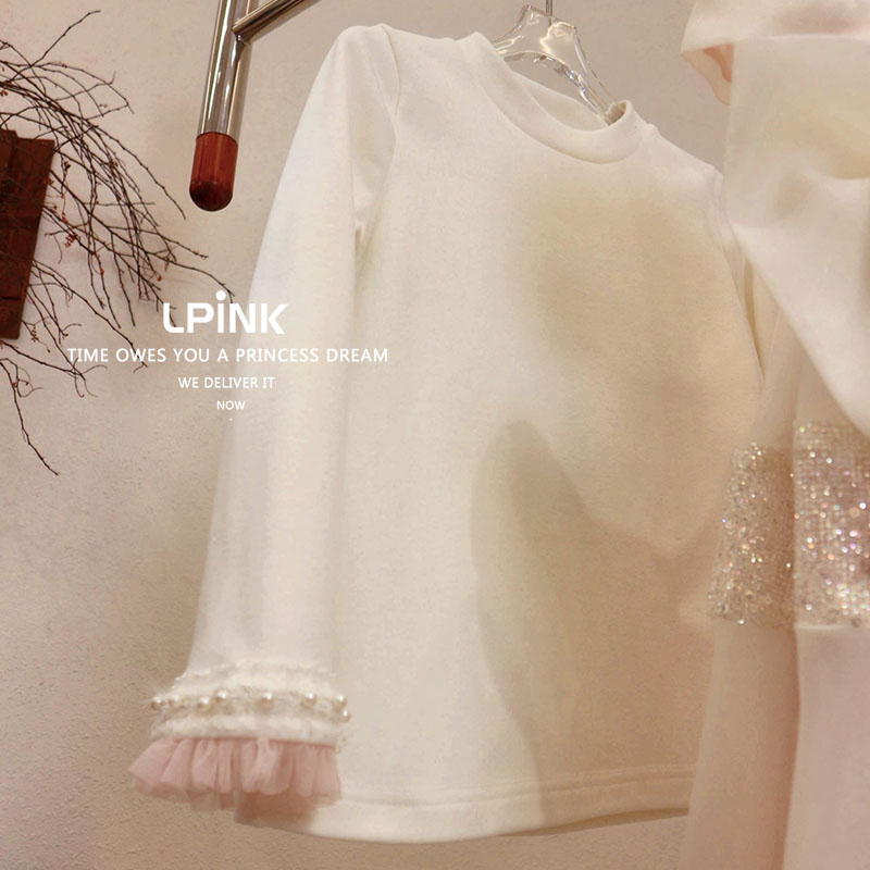 洋气女童百搭珍珠蕾丝鎏金打底衫