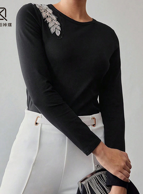 LPINK 【妈妈福利】2024秋冬季新款女装圆领钉珠长袖上衣T恤91977