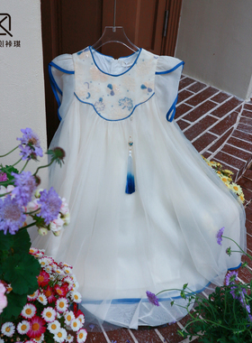 【TK童装】女童夏新款公主裙新中式古风刺绣花苞袖连衣裙8502