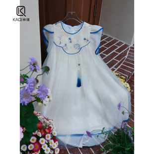 【TK童装】女童夏新款公主裙新中式古风刺绣花苞袖连衣裙8502