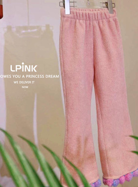 【Lpink 原创】女童春秋新款呢料裤脚撞色彩色毛球裤子93096