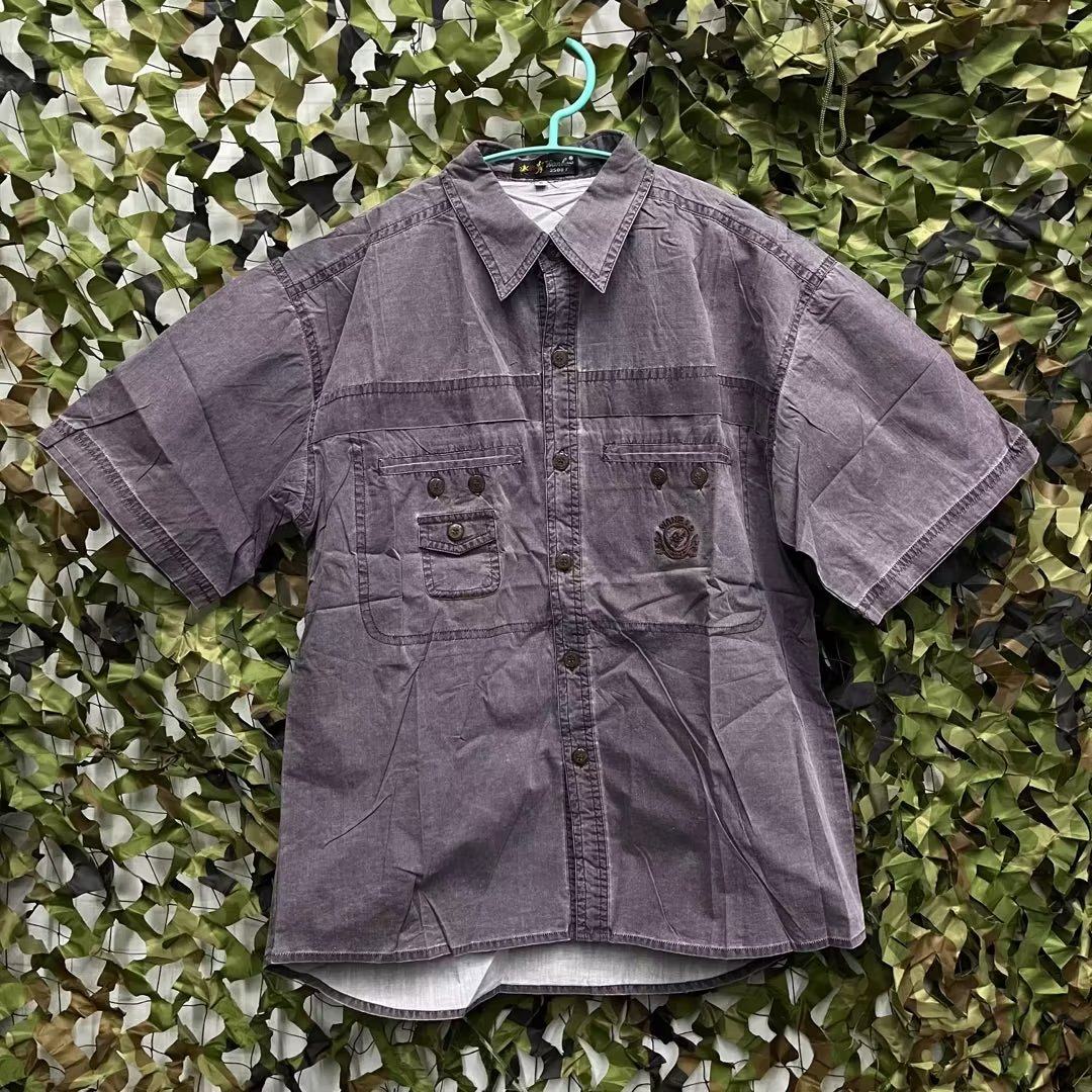 出口库存90年代原品353厂牛仔布短袖休闲衬衫阿美咔叽工装衬衫