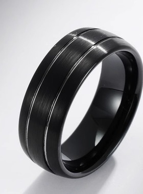 时尚男女戒指8MM拉丝哑光镀双色指环 黑色双槽防剐蹭钨钢钨金戒指