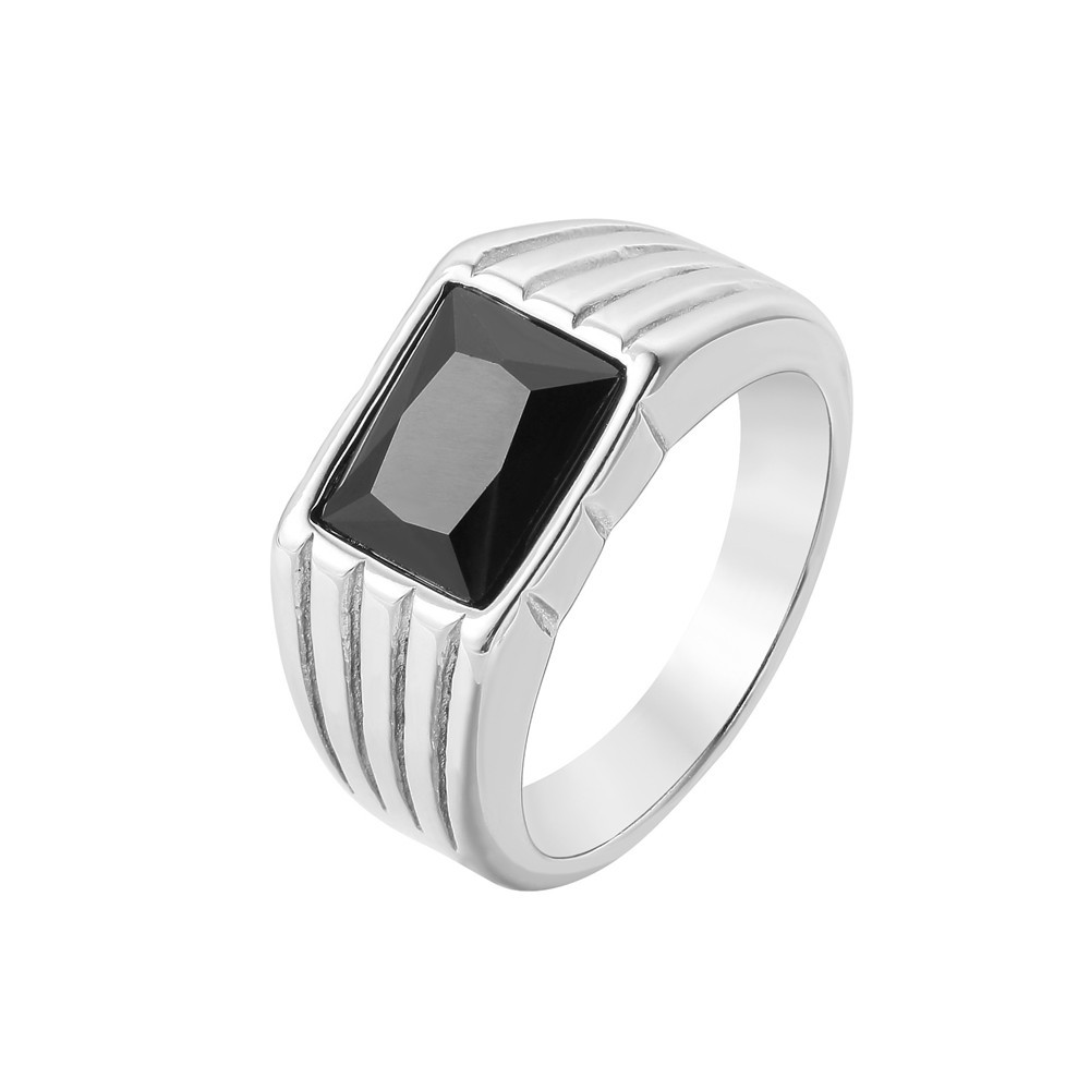 时尚钛钢男式戒指 欧美网红ins风简约条纹黑宝石钛钢男款戒指指环