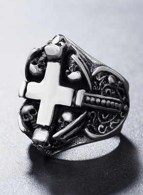 时尚钛钢男款戒指 欧美个性时尚十字架骷髅头钛钢戒指潮男指环