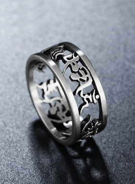 时尚钛钢男款戒指 朋克复古个性镂空六字真言钛钢戒指潮男指环