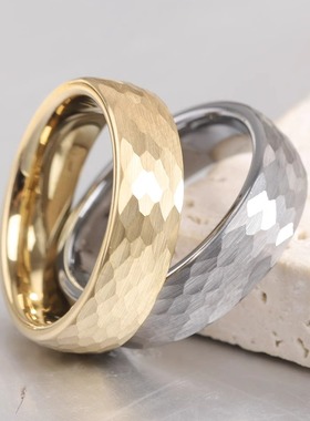 时尚表面捶打纹银色金色6mm钨钢戒指情侣对戒指防剐蹭钨金戒指