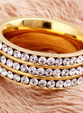 时尚钛钢戒指 欧美时尚3排镶钻8MM简约百搭钛钢戒指指环