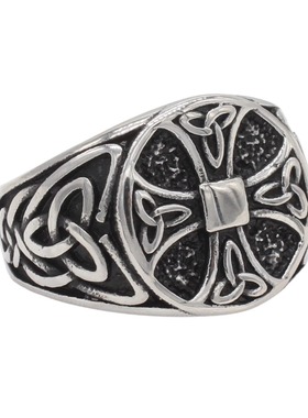 时尚钛钢男款戒指复古维京十字架戒指圆形十字架图腾钛钢戒指指环