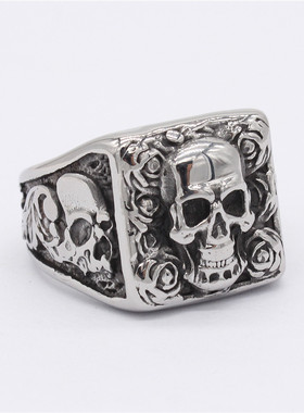 时尚钛钢男款戒指 欧美个性骷髅头戒指方形骷髅头钛钢戒指指环