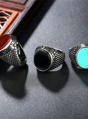 欧美风复古宝石男士钛钢戒指