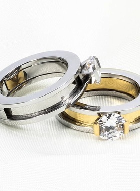 时尚钛钢戒指 欧美ins个性8MM镶锆情侣对戒间金戒指 钛钢戒指指环