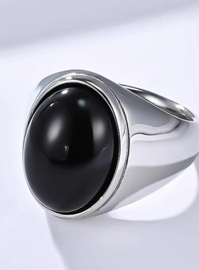 时尚钛钢戒指 光面镶蛋形宝石戒指 虎眼石黑石椭圆形钛钢戒指指环