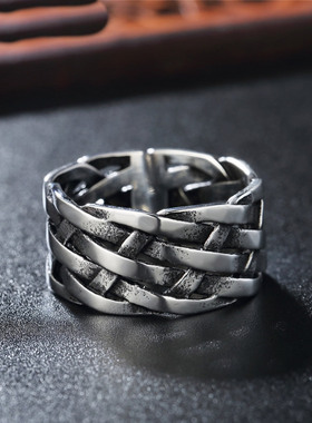 时尚钛钢男款戒指 个性复古编织超宽钛钢戒指指环
