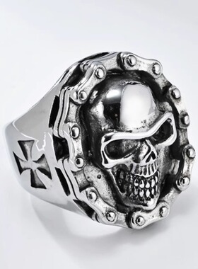 时尚钛钢戒指 欧美复古hiphop机车链条骷髅头戒指 钛钢戒指指环