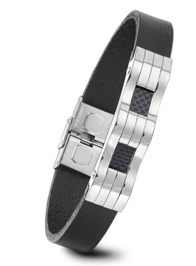 时尚风黑色真皮钛钢手镯