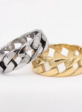 时尚钛钢男款戒指 欧美个性复古圆弧形链条男士钛钢戒指指环