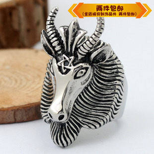 时尚钛钢戒指欧美撒旦公羊头钛钢戒指动物生肖五芒星男款戒指指环