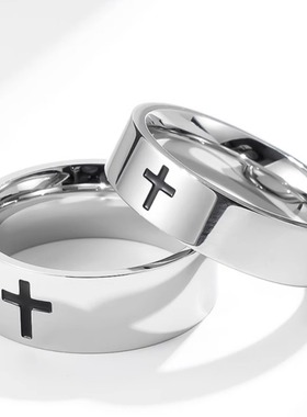 时尚钛钢戒指 简约十字架戒指 黑色十字架情侣对戒钛钢戒指指环